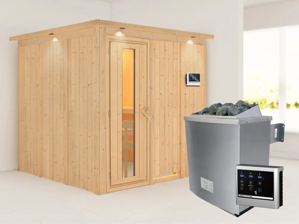 Nu Kopen Systeemsauna Rodin met dakkraag houten deur met geïsoleerd glas incl. 9kW saunakachel ext. besturing