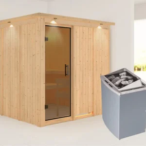 Direct Beschikbaar Systeemsauna Rodin met dakkraag, grafiet glazen deur, incl. 9 kW saunakachel int. besturing