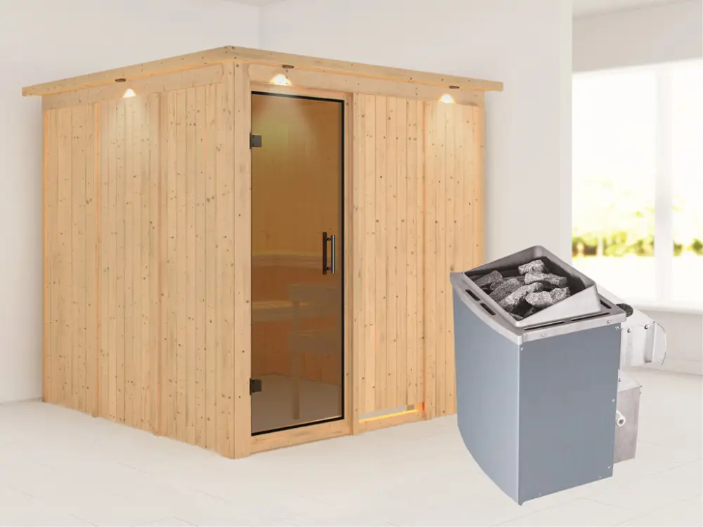 Direct Beschikbaar Systeemsauna Rodin met dakkraag, grafiet glazen deur, incl. 9 kW saunakachel int. besturing