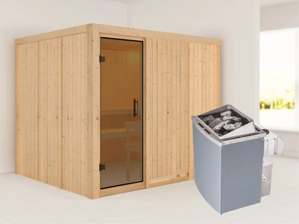 Systeemsauna Gobin grafiet glazen deur, incl. 9 kW saunakachel int. besturing Flitsaanbieding