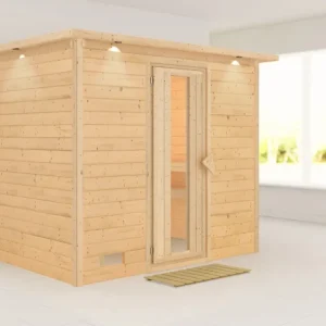 Massieve sauna Sonara met dakkraag, houten deur met geïsoleerd glas Seizoensaanbieding