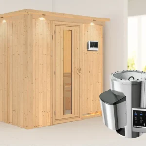 Gecertificeerd Systeemsauna Fanja met dakkraag, energiebesparende deur + Plug & Play saunakachel met ext. besturing