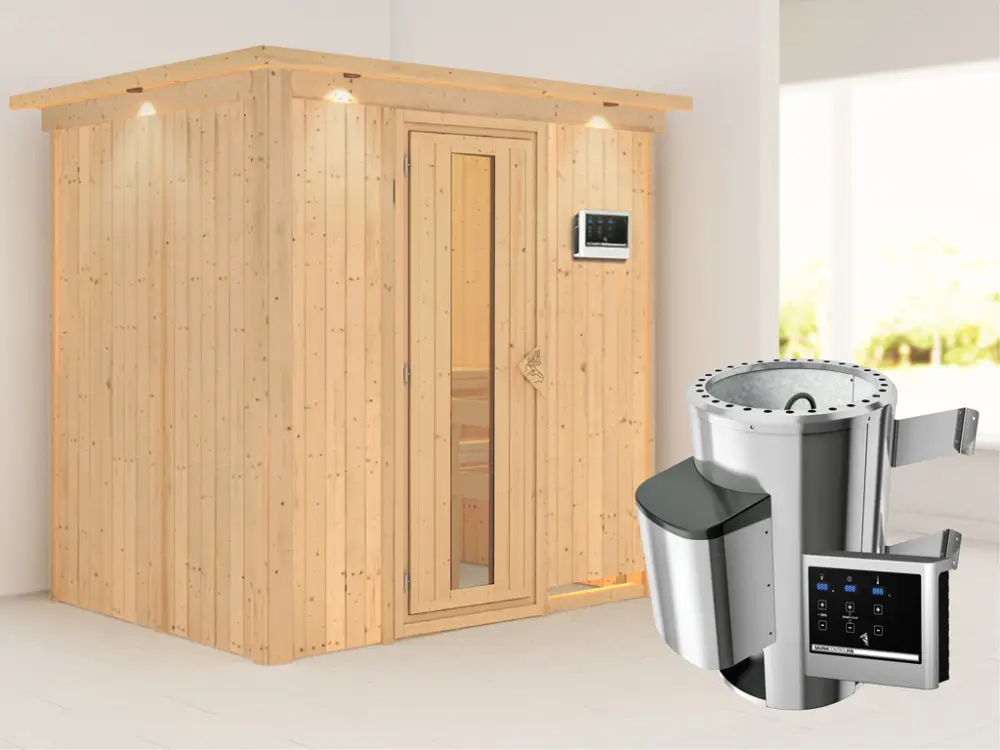 Gecertificeerd Systeemsauna Fanja met dakkraag, energiebesparende deur + Plug & Play saunakachel met ext. besturing