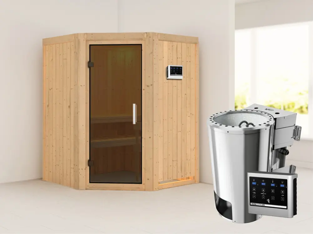 Flitsaanbieding Systeemsauna Nanja grafiet glazen deur + Plug & Play Bio-kachel met ext. besturing