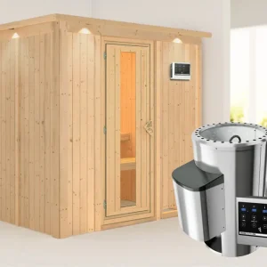 Systeemsauna Daria met dakkraag, energiebesparende deur + Plug & Play saunakachel met ext.besturing Premium