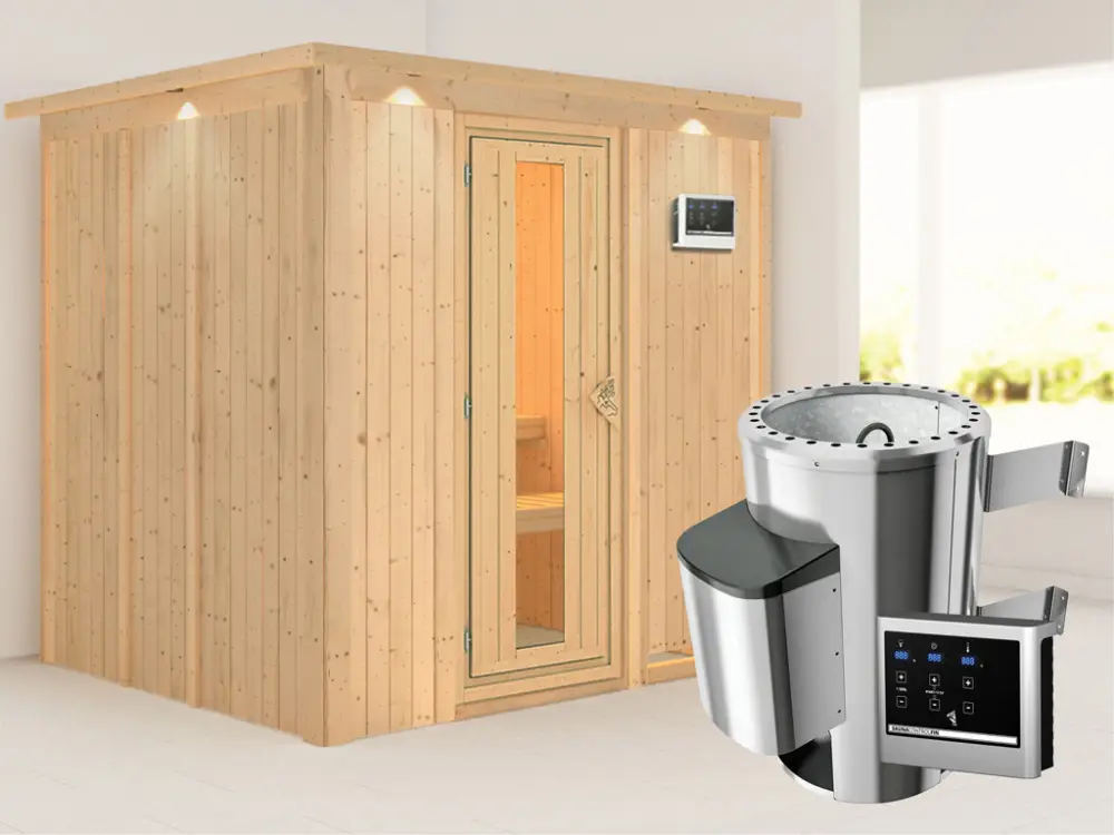 Systeemsauna Daria met dakkraag, energiebesparende deur + Plug & Play saunakachel met ext.besturing Premium