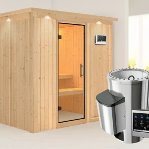 Bestel Nu Systeemsauna Daria met dakkraag, transparent glazen deur + Plug & Play saunakachel met ext.besturing