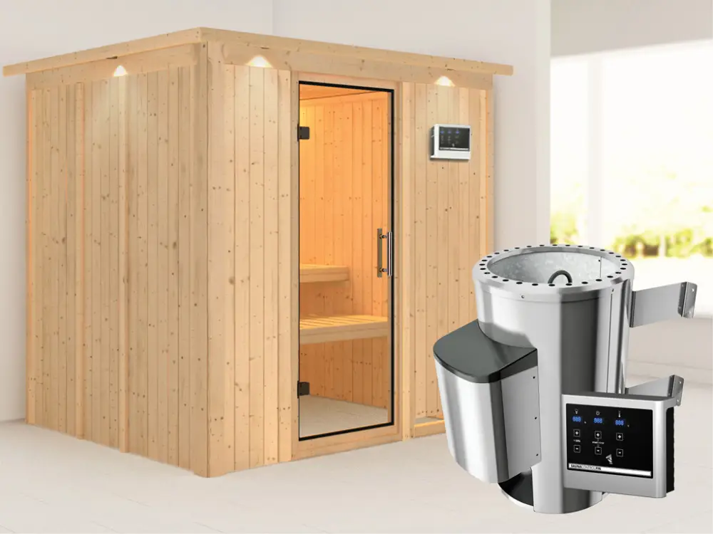 Bestel Nu Systeemsauna Daria met dakkraag, transparent glazen deur + Plug & Play saunakachel met ext.besturing