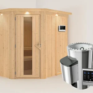 Bestel Nu Systeemsauna Saja met dakkraag, energiebesparende deur + Plug & Play saunakachel met ext.besturing