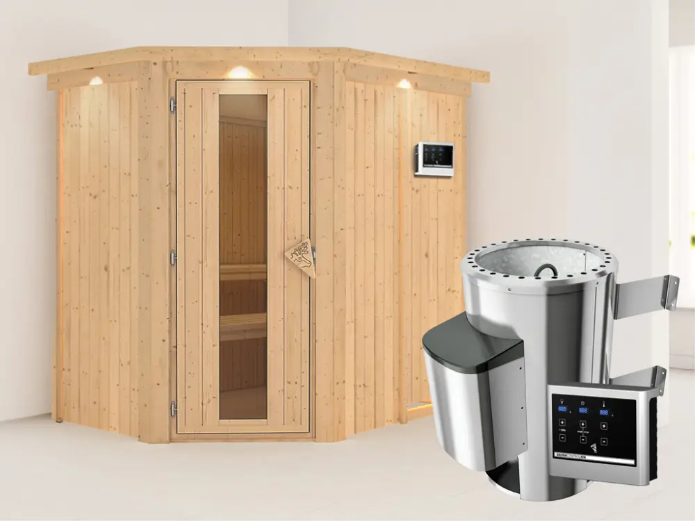 Bestel Nu Systeemsauna Saja met dakkraag, energiebesparende deur + Plug & Play saunakachel met ext.besturing