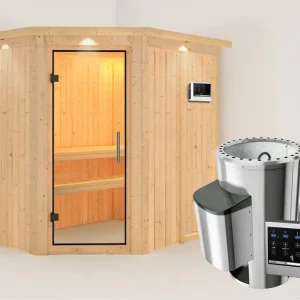 Veilige Betaling Systeemsauna Saja met dakkraag, transparent glazen deur + Plug & Play saunakachel met ext. besturing
