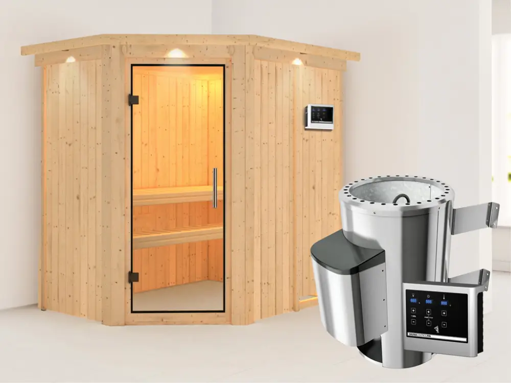 Veilige Betaling Systeemsauna Saja met dakkraag, transparent glazen deur + Plug & Play saunakachel met ext. besturing