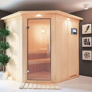 Voordeelprijs Systeemsauna Lilja met dakkraag, transparent glazen deur + Plug & Play saunakachel met ext.besturing