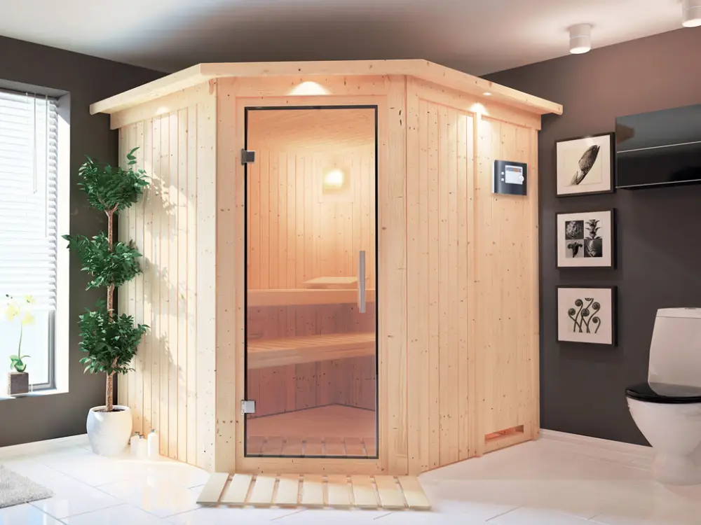 Voordeelprijs Systeemsauna Lilja met dakkraag, transparent glazen deur + Plug & Play saunakachel met ext.besturing