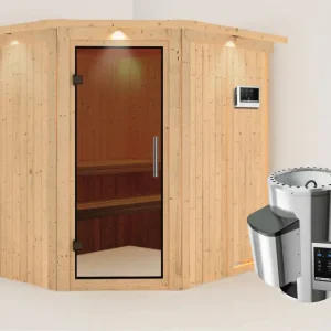 Systeemsauna Lilja met dakkraag, grafiet glazen deur + Plug & Play saunakachel met ext. besturing Bestseller