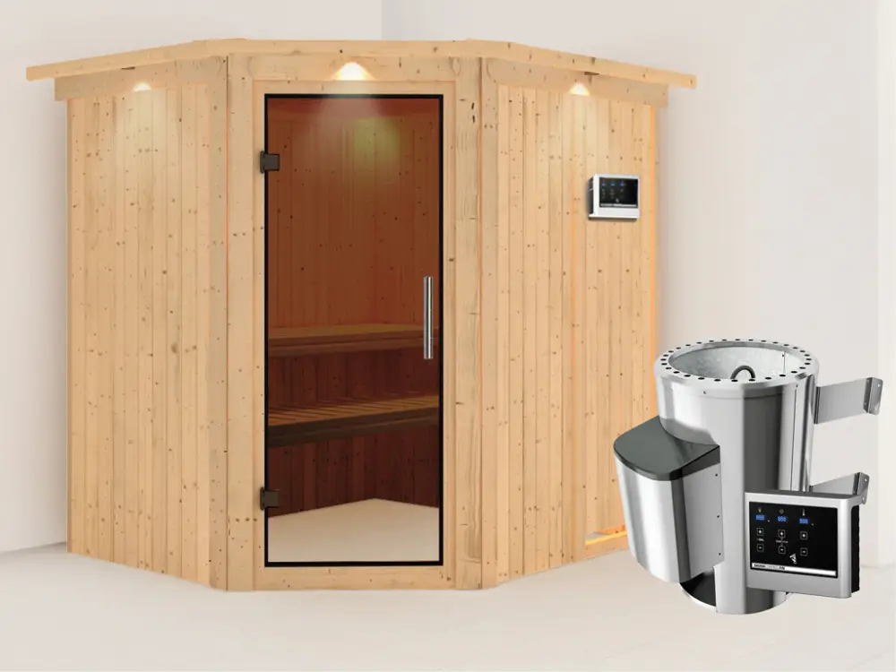 Systeemsauna Lilja met dakkraag, grafiet glazen deur + Plug & Play saunakachel met ext. besturing Bestseller