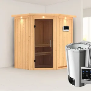 Systeemsauna Tonja met dakkraag, grafiet glazen deur + Plug & Play Bio-kachel met externe besturing Fabrieksprijs