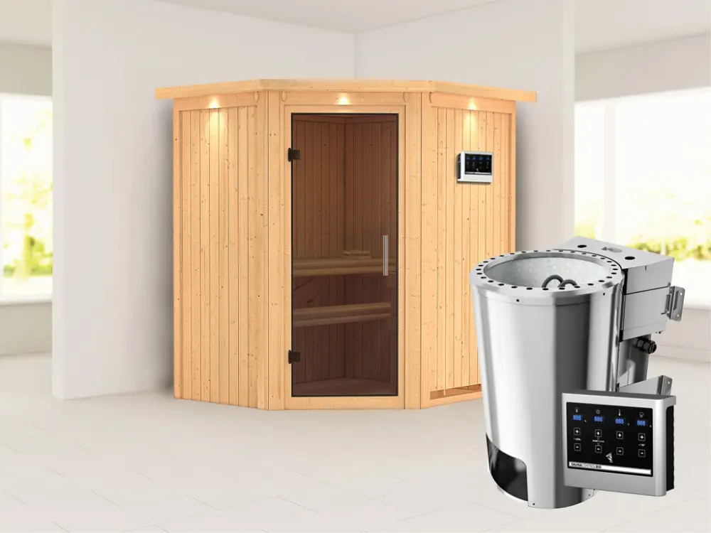 Systeemsauna Tonja met dakkraag, grafiet glazen deur + Plug & Play Bio-kachel met externe besturing Fabrieksprijs