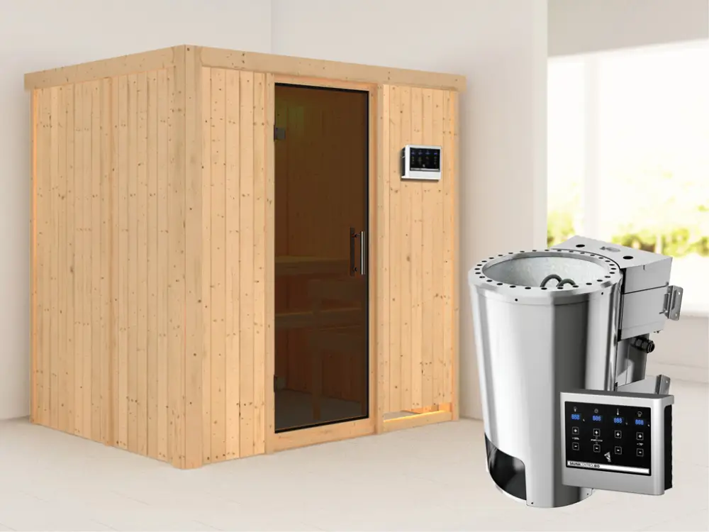 Systeemsauna Fanja grafiet glazen deur + Plug & Play Bio-kachel met ext. besturing Seizoensaanbieding