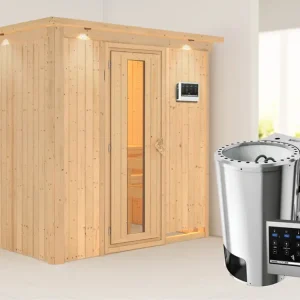 Bestseller Systeemsauna Fanja met dakkraag, energiebesparende deur, Plug & Play Bio-kachel met ext. besturing