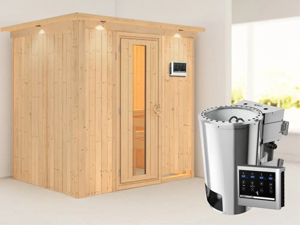 Bestseller Systeemsauna Fanja met dakkraag, energiebesparende deur, Plug & Play Bio-kachel met ext. besturing