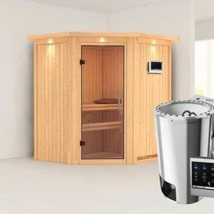Gratis Retour Systeemsauna Tonja met dakkraag, transparent glazen deur + Plug & Play Bio-kachel met ext. Steu