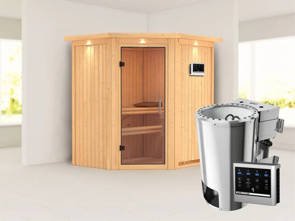 Gratis Retour Systeemsauna Tonja met dakkraag, transparent glazen deur + Plug & Play Bio-kachel met ext. Steu