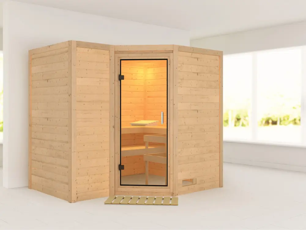 Massieve sauna Sahib 2 transparent glazen deur Speciale Aanbieding