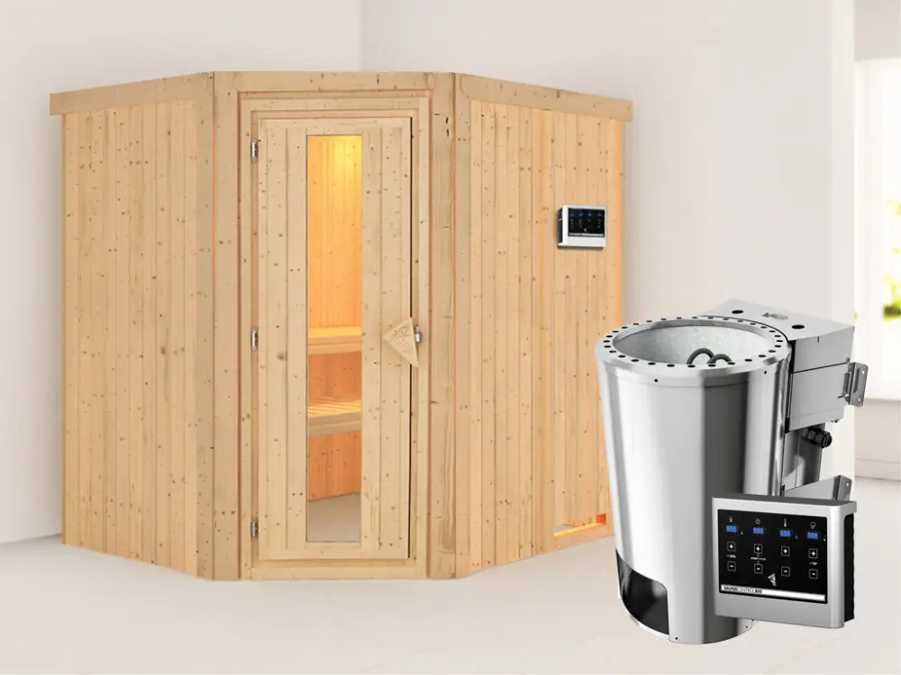 Systeemsauna Lilja energiebesparende deur + Plug & Play Bio-kachel met ext. besturing Uitverkoop