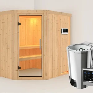 Tijdelijk Beschikbaar Systeemsauna Lilja transparent glazen deur + Plug & Play Bio-kachel met ext. besturing