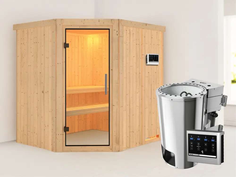 Tijdelijk Beschikbaar Systeemsauna Lilja transparent glazen deur + Plug & Play Bio-kachel met ext. besturing