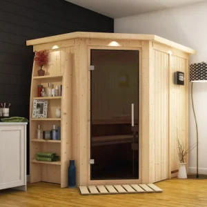 Flitsaanbieding Systeemsauna Saja met dakkraag, grafiet glazen deur + Plug & Play Bio-kachel met ext. besturing