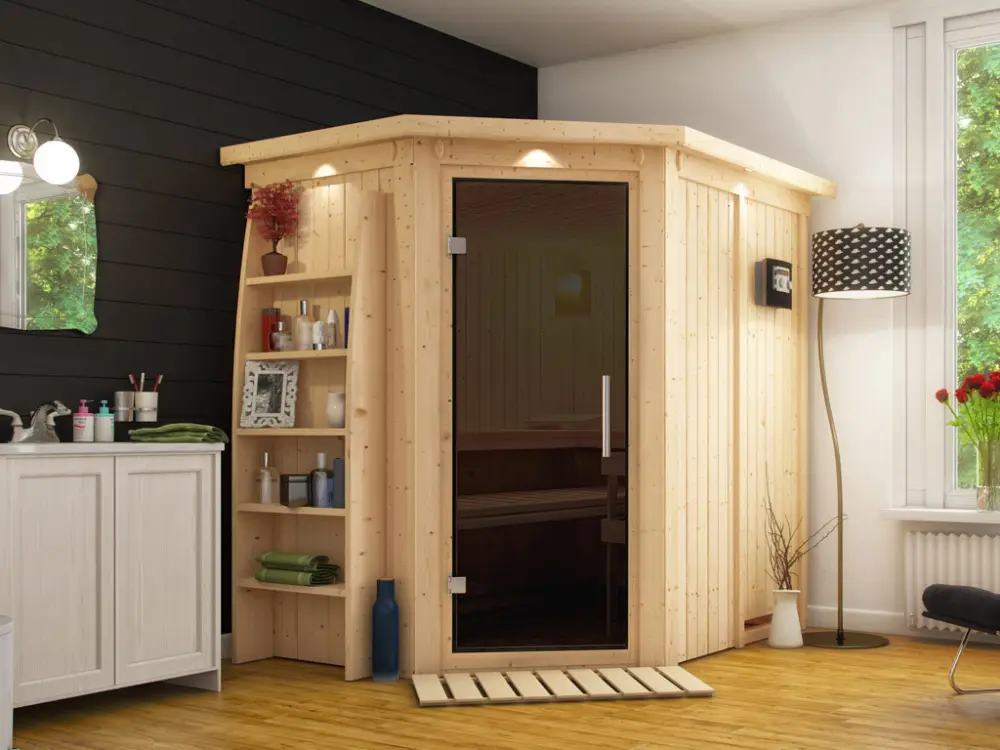 Flitsaanbieding Systeemsauna Saja met dakkraag, grafiet glazen deur + Plug & Play Bio-kachel met ext. besturing