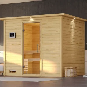 Beperkt Aanbod Massieve sauna Sonara met dakkraag, transparent glazen deur