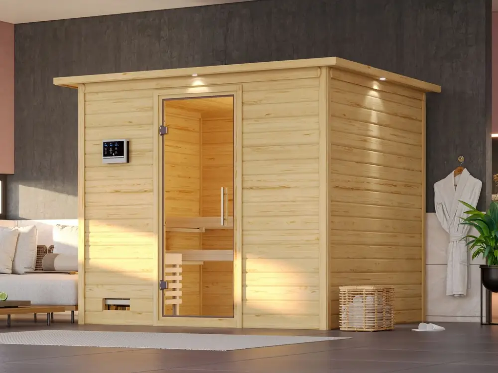Beperkt Aanbod Massieve sauna Sonara met dakkraag, transparent glazen deur