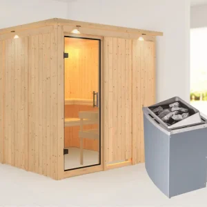 Dagaanbieding Systeemsauna Rodin met dakkraag, transparent glazen deur + 9 kW saunakachel met besturing