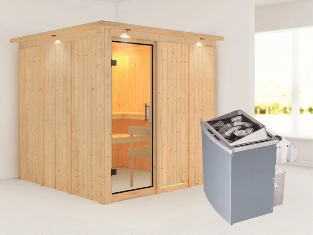 Dagaanbieding Systeemsauna Rodin met dakkraag, transparent glazen deur + 9 kW saunakachel met besturing