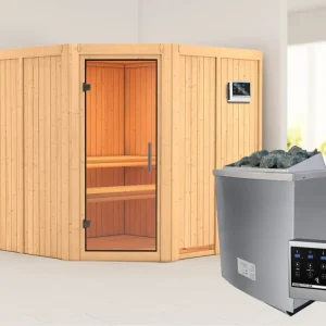 Direct Beschikbaar Systeemsauna Jarin transparent glazen deur + 9 kW saunakachel met ext. besturing