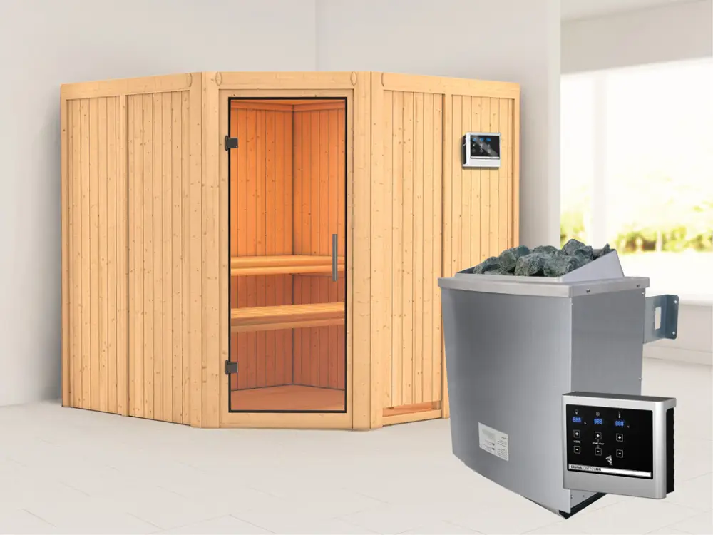 Direct Beschikbaar Systeemsauna Jarin transparent glazen deur + 9 kW saunakachel met ext. besturing