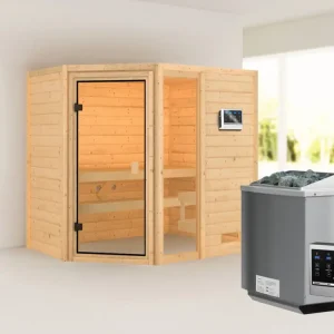 Op = Op Sauna Jada met gebronsde glazen deur + 9 kW Bio-Combi-kachel ext. besturing