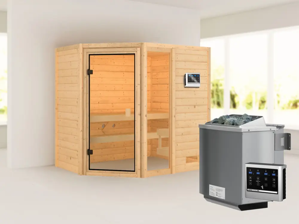 Op = Op Sauna Jada met gebronsde glazen deur + 9 kW Bio-Combi-kachel ext. besturing