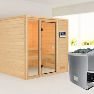 Sauna Jutta met gebronsde glazen deur + 9 kW saunakachel ext. besturing Hoge Kwaliteit