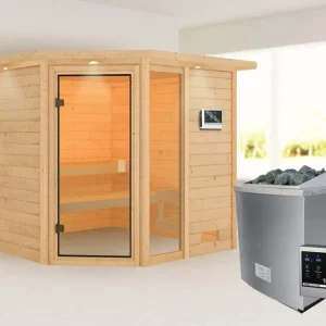 Sauna Tabea met gebronsde glazen deur en dakkraag + 9 kW saunakachel ext. besturing Gratis Retour
