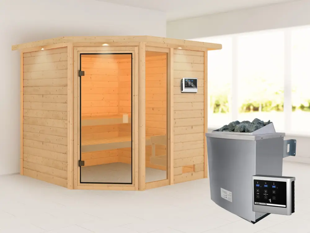 Sauna Tabea met gebronsde glazen deur en dakkraag + 9 kW saunakachel ext. besturing Gratis Retour