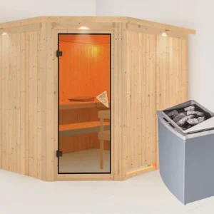 Op = Op Systeemsauna Malin met dakkraag, kompleet transparente gebronsde glazen deur, incl. 9kW saunakachel