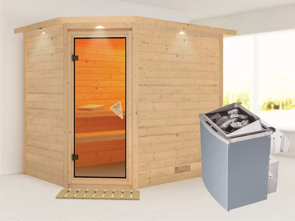 Direct Beschikbaar Massieve sauna Tanami met dakkraag , incl. 9 kW saunakachel int. besturing