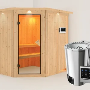 Flitsaanbieding Systeemsauna Lilja met dakkraag, incl. Plug & Play Bio-kachel externe besturing