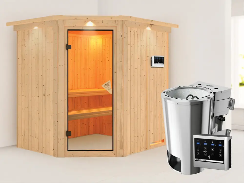 Flitsaanbieding Systeemsauna Lilja met dakkraag, incl. Plug & Play Bio-kachel externe besturing