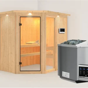 Uitverkoop Systeemsauna Fiona 1 met dakkraag, incl. 9 kW Bio-Combi-kachel ext. besturing