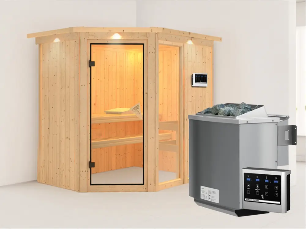 Uitverkoop Systeemsauna Fiona 1 met dakkraag, incl. 9 kW Bio-Combi-kachel ext. besturing